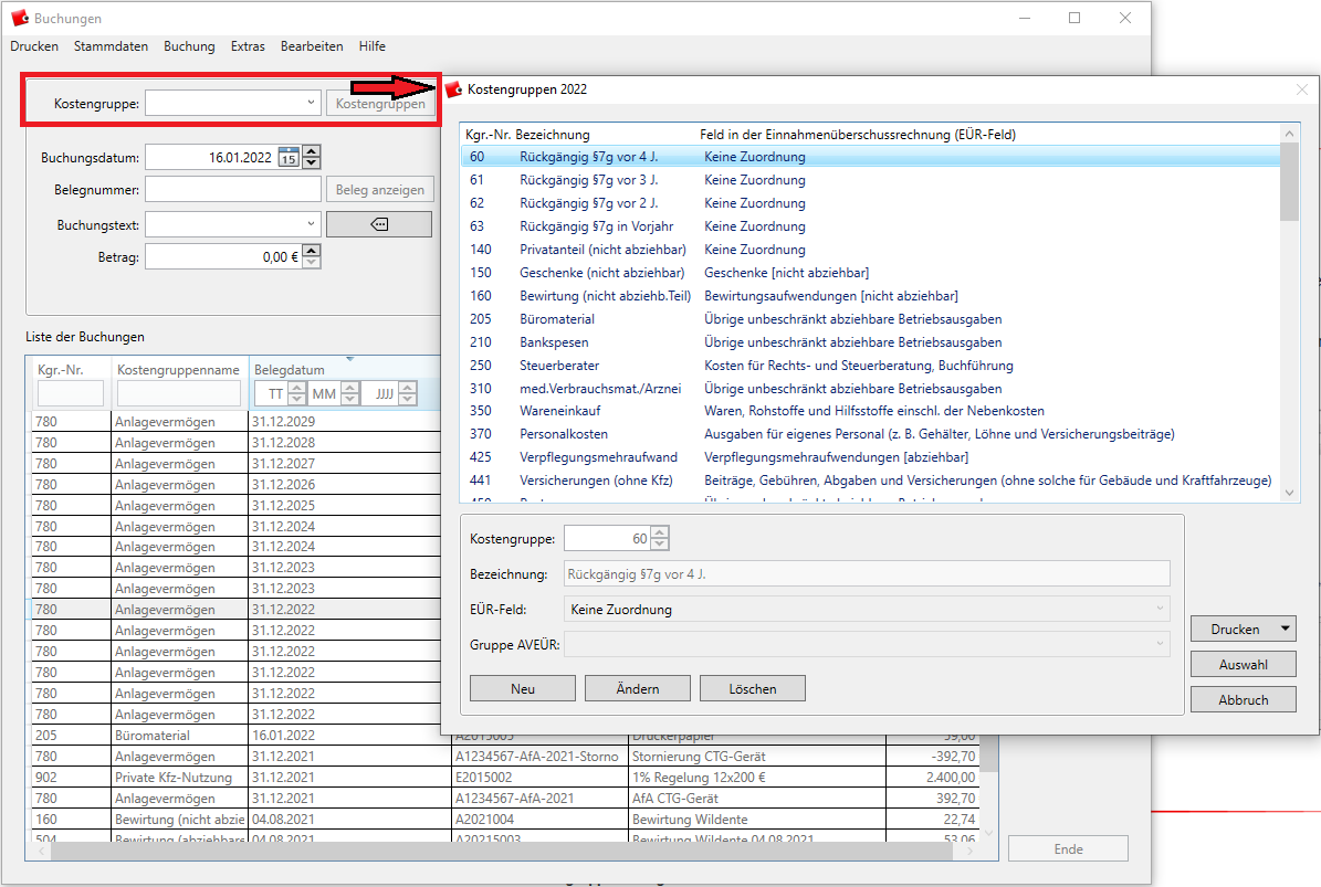 Kostengruppe auswählen über das Fehld Kostengruppen.