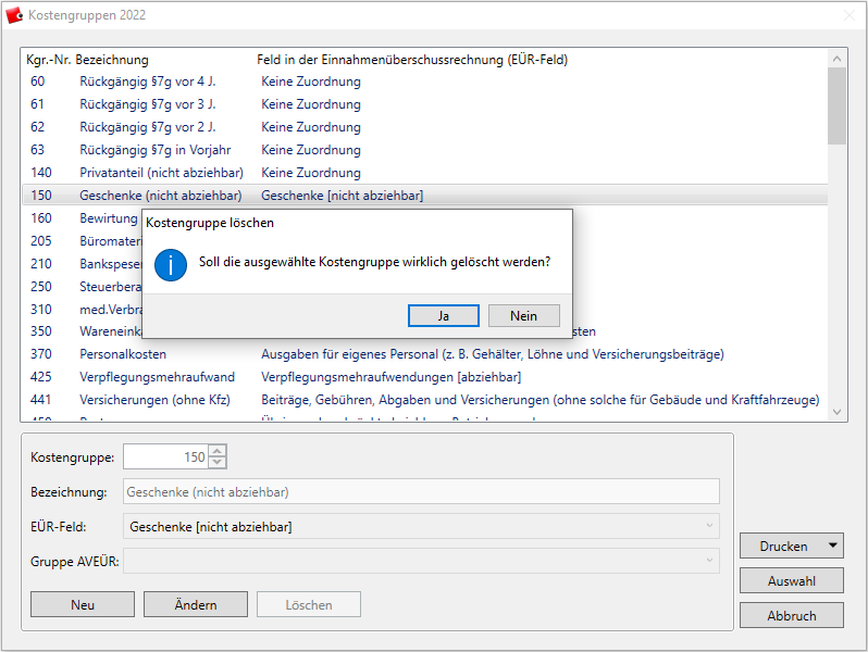 Löschen einer Kostengruppe über die Schaltfläche Kostengruppen, Kostengruppe auswählen, Kostengruppe löschen. Sicherheitsfrage beantworten.