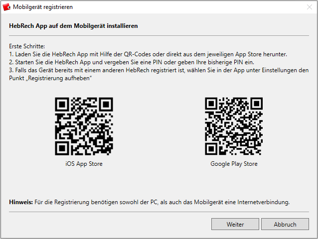 Start der Registrierung eines Mobilgeräts mit Anzeige der QR-Codes aus den App Stores